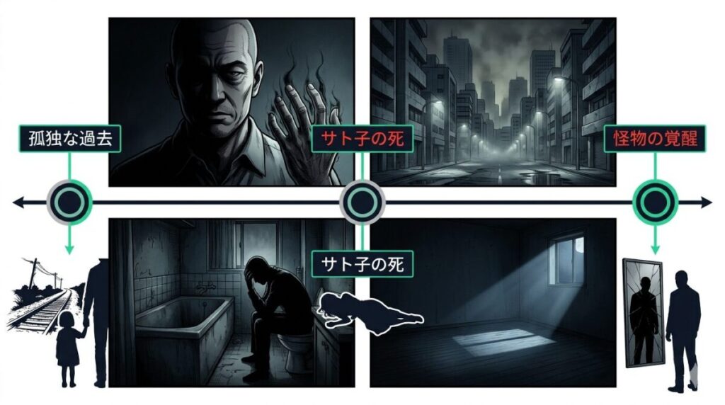 漫画『名無し』における山田太郎の少年時代からサト子の遺体発見、そして怪物の覚醒へと至る凄惨な物語の軌跡を一本の時系列ラインで整理した、ストーリー展開のタイムライン図解イメージ