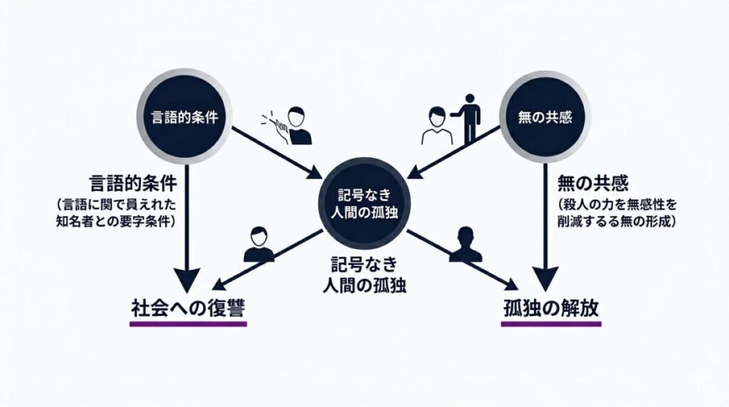 映画名無しにおける山田太郎の右手の能力と殺害時の笑みの因果関係を表した図解。名前を知る存在だけを消去する言語的法則と、相手を無にすることで孤独から解放され共感が成立する心理構造が分かります。