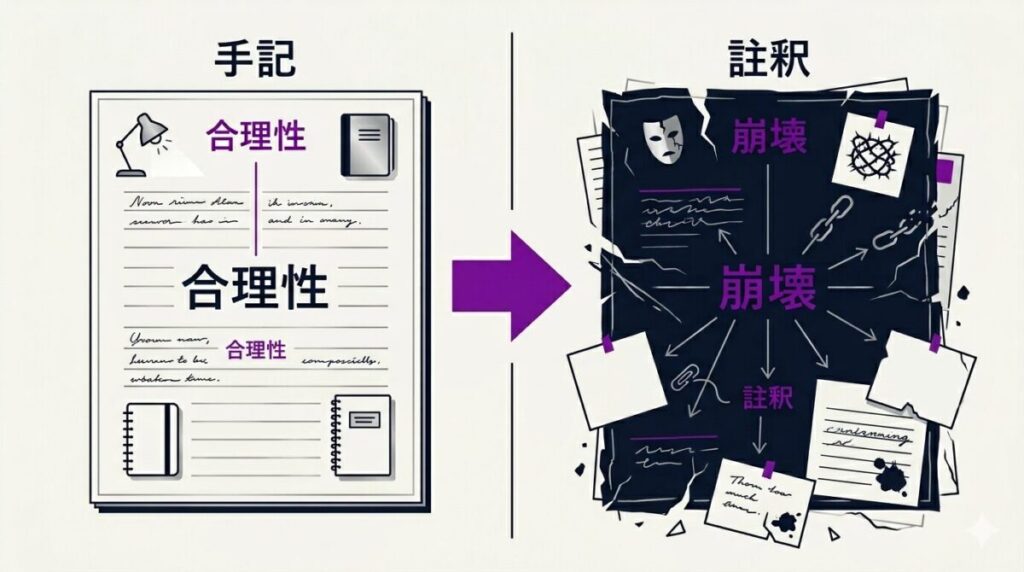 原作小説「廃用身」におけるAケアのメリットと悲劇的な結果へ転落する因果関係、および手記から註釈へと反転する物語構造を図解したイメージ