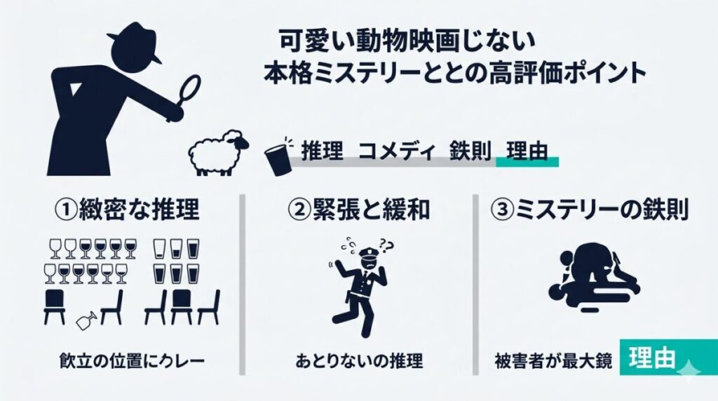 ひつじ探偵団が本格ミステリーとして高く評価される3つの理由（緻密な推理、絶妙なコメディ、ミステリーの鉄則）を整理したチェックリスト図解