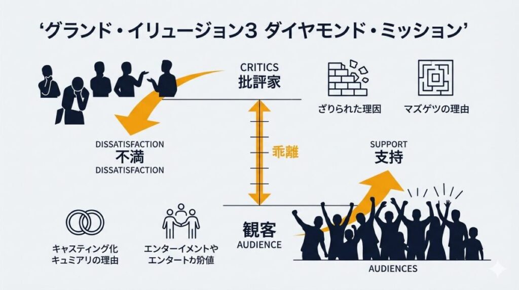 海外レビューにおける賛否両論の理由を解説。CGとプロットに不満を持つ批評家と、キャストのケミストリーを支持する観客の評価の乖離を示す図解