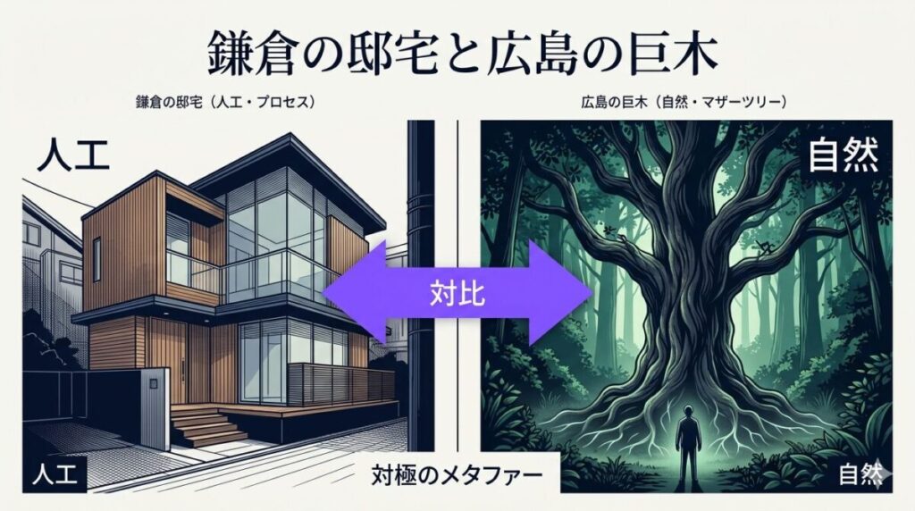 映画『箱の中の羊』の対極的な2つのロケ地である鎌倉の人工的なモダン建築と広島の圧倒的な大自然（巨木）を対比させた図解イメージ