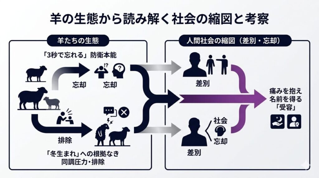 嫌なことを3秒で忘れる処世術や冬生まれの孤独を通して、人間社会の差別構造と記憶の重さを考察する因果関係図解
