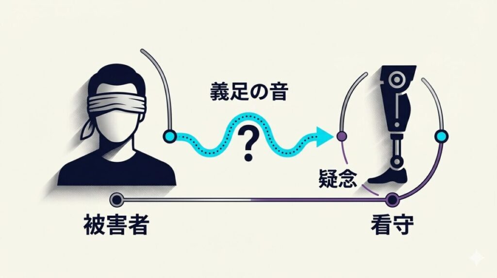 主人公ワヒドと義足の男の関係性および顔を見ずに音だけで復讐対象を断定しようとする不確かな状況を図解した相関図
