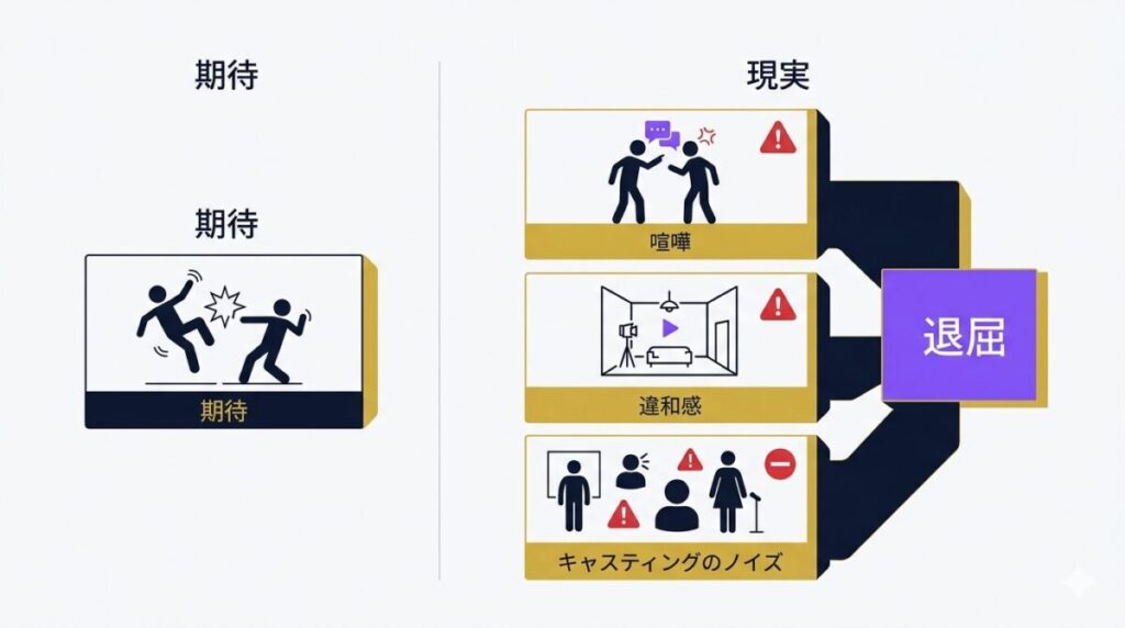 映画スマッシングマシーンが手抜きで退屈と酷評される理由を図解。アクションへの期待と、実際のヒステリックなドラマやセットの違和感のギャップが分かります。