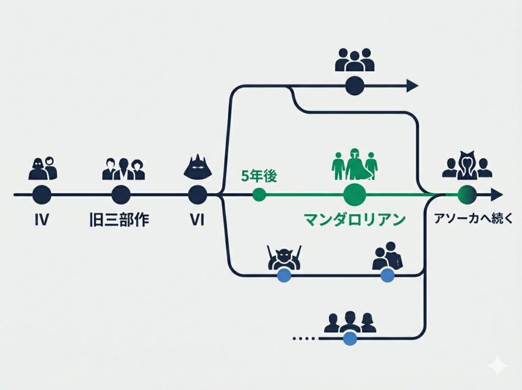 スター・ウォーズ全体の壮大な時系列におけるマンダロリアンの位置付けを整理したタイムライン図解。映画エピソード6の5年後という正確な時代背景と、アニメシリーズやドラマアソーカとのつながりが視覚的に一目で理解できます。
