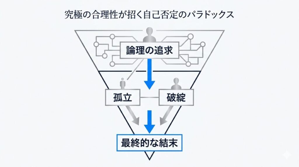 漆原医師が提唱した身体の合理化という究極の論理が、最終的に自身の知性を否定するという避けられない帰結へと行き着くパラドックスを図解したイメージ