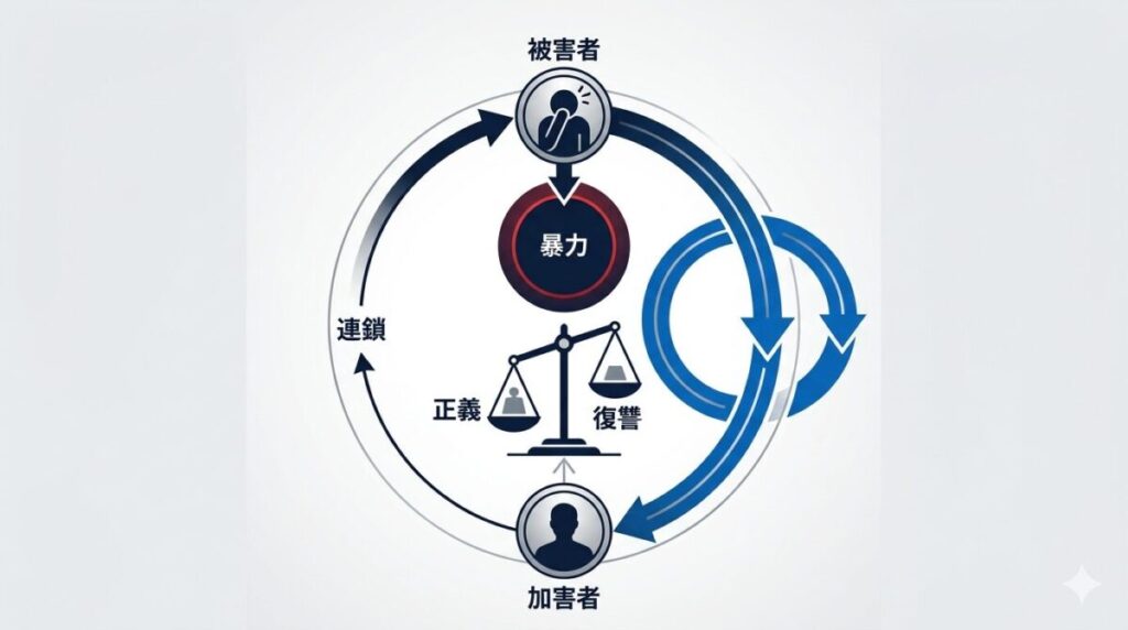 正義の名の下に行われる復讐がいつの間にか加害者と同じ暴力に染まっていく倫理的ジレンマと人間の矛盾の構造図