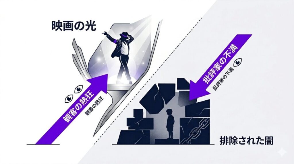 光り輝くピーターパン像を求める観客と伝記としての深みを求める批評家の評価が二極化した映画の構造図解